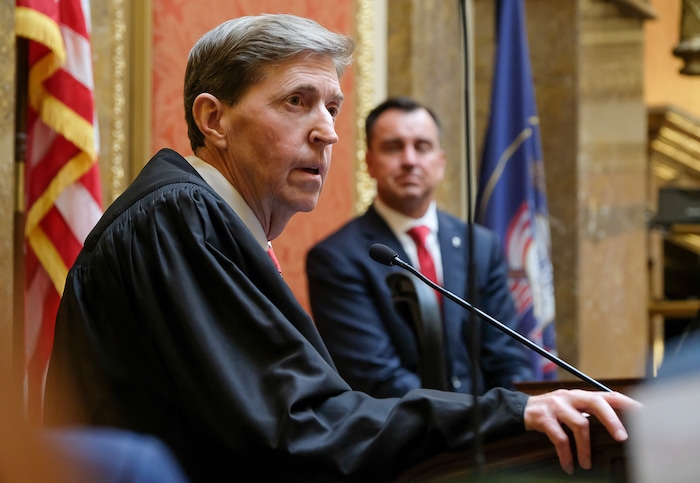 (Francisco Kjolseth | The Salt Lake Tribune) Utah Supreme Court Chief Justice Matthew B. Durrant gives the state of the judiciary speech, as speaker Greg Hughes and the House chamber listen in on the first day of the 2018 legislative session at the Utah Capitol on Monday, Jan. 22, 2018.