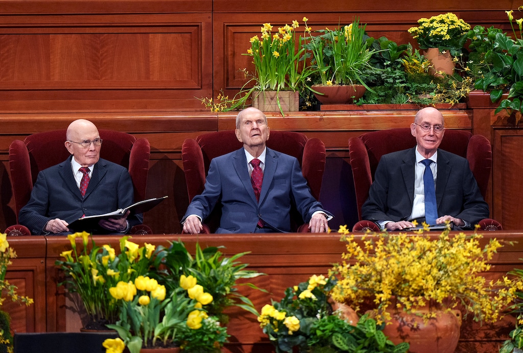 (Leah Hogsten | The Salt Lake Tribune) Members of the First Presidency of The Church of Jesus Christ of Latter-day Saints, from left, Dallin H. Oaks, Russell M. Nelson and Henry B. Eyring lead the spring General Conference Saturday, April 1, 2023.