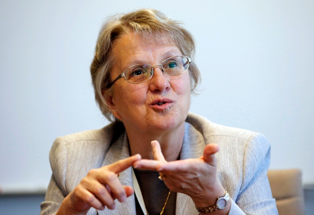 (Ross D. Franklin | Associated Press file photo) In this June 2, 2015, file photo, Diane Douglas, Arizona Superintendent of Public Instruction, meets with reporters in Phoenix. The Arizona Department of Education is considering changes to school science standards, including instances when it may remove or alter references to evolution. Douglas said the proposed changes reflect that parts of evolution are only theory.