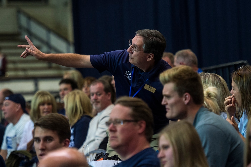 (Chris Detrick  |  The Salt Lake Tribune)  Volunteer Host Jayare Roberts talks with fans during the BYU women's volleyball match against San Diego Friday, October 27, 2017.  