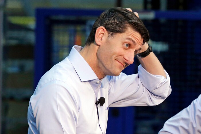 House Speaker Paul Ryan of Wis. rubs his head as he takes a question while meeting with Boeing workers, Thursday, Aug. 24, 2017, in Everett, Wash.  President Donald Trump lashed out at Republican leaders in Congress, suggesting efforts to increase the country's borrowing limit to avoid an economic-rattling default on the nation's debt are "a mess!"  (AP Photo/Elaine Thompson)