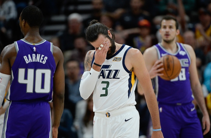 (Francisco Kjolseth  |  The Salt Lake Tribune)  Utah Jazz guard Ricky Rubio (3) expresses frustration with a call as the Utah Jazz host the Sacramento Kings in their NBA game at Vivint Smart Home Arena Friday, April 5, 2019, in Salt Lake City.