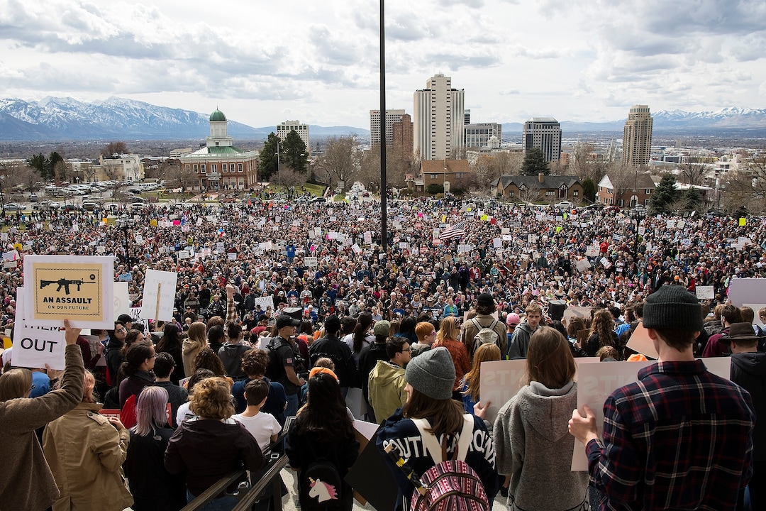 (Chris Detrick  |  The Salt Lake Tribune)  Participants listen during the March for Our Lives SLC rally at the state Capitol Saturday, March 24, 2018. The student-led March for Our Lives SLC got underway about 11:30 a.m. with what police estimated were 8,000 participants walking from Salt Lake CityÕs West High School to the front steps of the state Capitol.