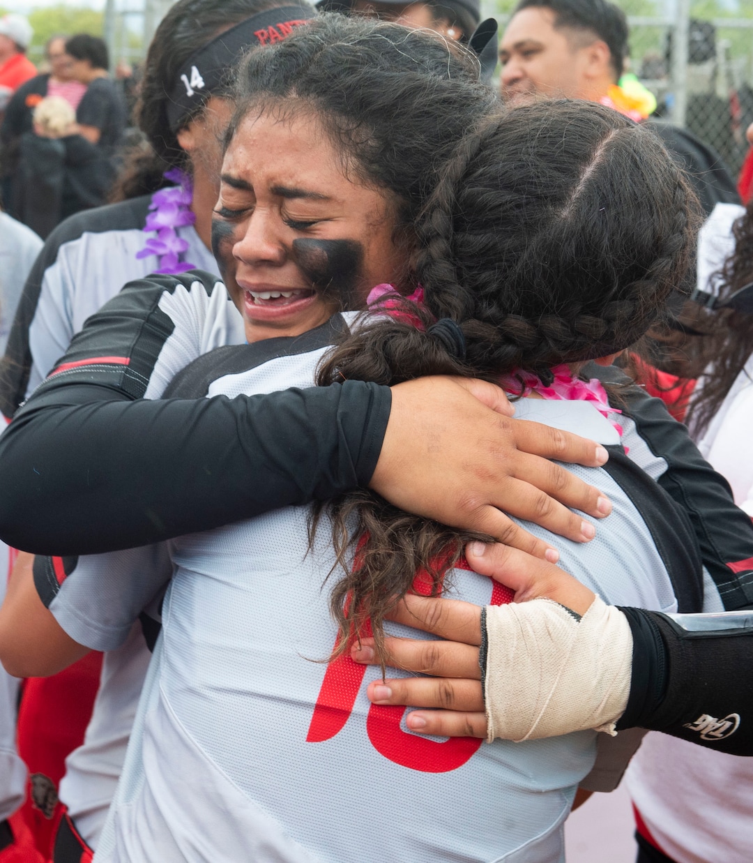 (Rick Egan  |  The Salt Lake Tribune)     West High catcher Shakel Alofipo hugs Kensey Lopati  as they celebrates the panthers 5A State Championship win over the Bountiful Braves, in Taylorsville, Thursday May 30, 2019