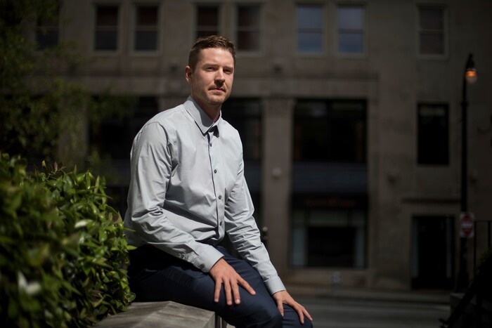 Cameron Padgett, a 23-year-old senior at Georgia State University, is photographed downtown in Atlanta, Tuesday, Aug. 15, 2017. Padgett sued, successfully, for white nationalist Richard Spencer to speak at Auburn University in April after the Alabama school tried to cancel the event. Padgett calls himself an "identitarian" _ not a white nationalist _ and insists "advocating for the interests of white people" doesn't make him a racist. (AP Photo/David Goldman)