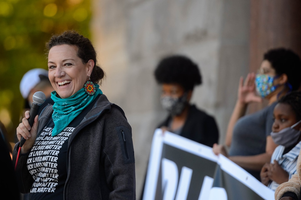 (Trent Nelson  |  The Salt Lake Tribune) Chelsie Acosta speaks at a Black Lives Matter protest at City Hall Salt Lake City on Wednesday, June 10, 2020.