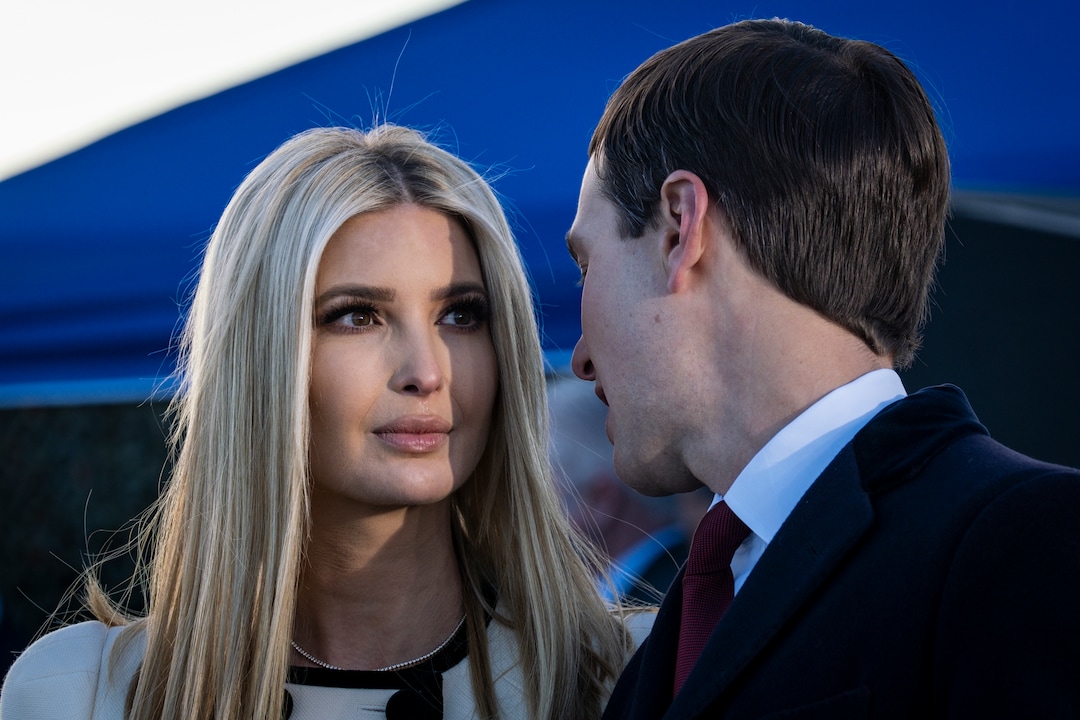 Ivanka Trump with her husband, Jared Kushner, as they wait to hear her father, President Donald Trump, speak to supporters before boarding Air Force One for his last time as president at Joint Base Andrews in Maryland, Jan. 20, 2021. Defeated and twice impeached, the 45th president used his farewell remarks before a sparse crowd to brag about his record and wish luck to the incoming administration. (Pete Marovich/The New York Times)