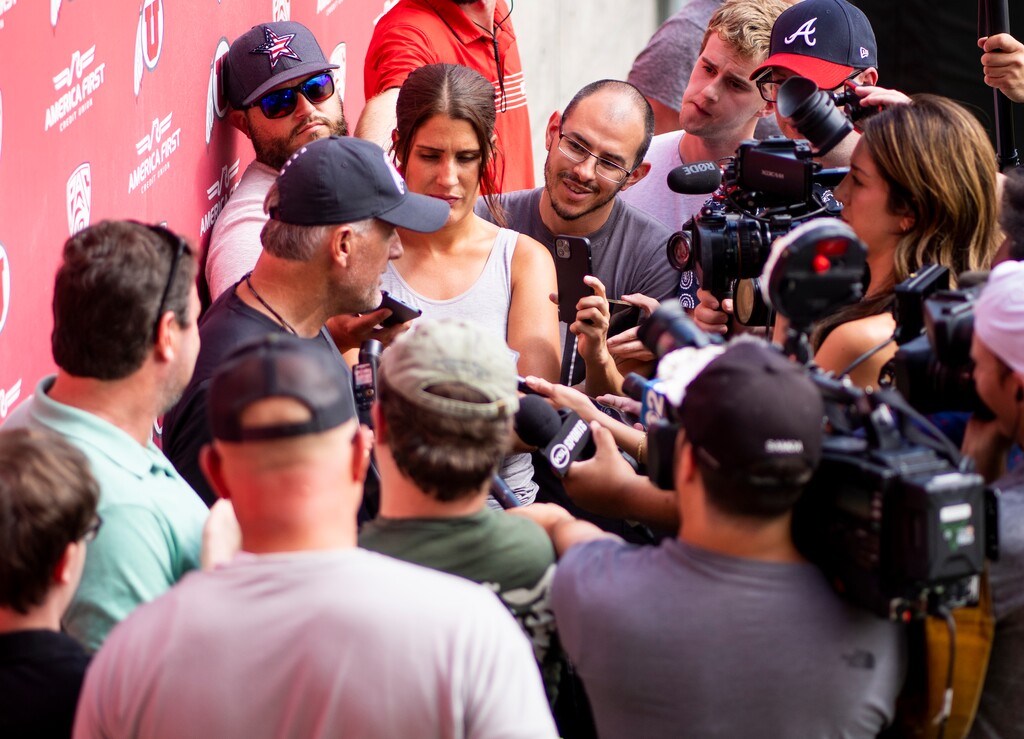 (Rick Egan | The Salt Lake Tribune) University of Utah head coach Kyle Whittingham talks to the media after practice, on Monday, July 31, 2023.