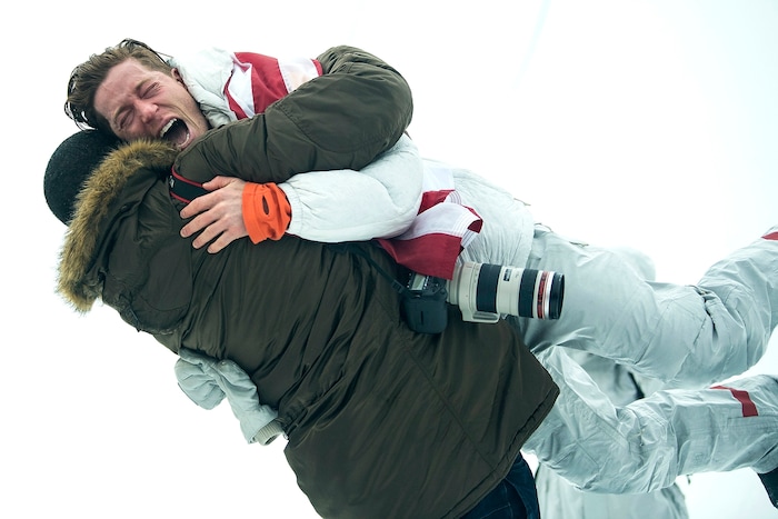 (Chris Detrick  |  The Salt Lake Tribune)  Shaun White gets a hug from his friend Shaun Murdock after winning gold after his run during the men's halfpipe finals at Phoenix Snow Park during the Pyeongchang 2018 Winter Olympics Wednesday, Feb. 14, 2018.  White won the event with a 97.75, his third Olympic gold medal in the halfpipe (2006, 2010, 2018).
