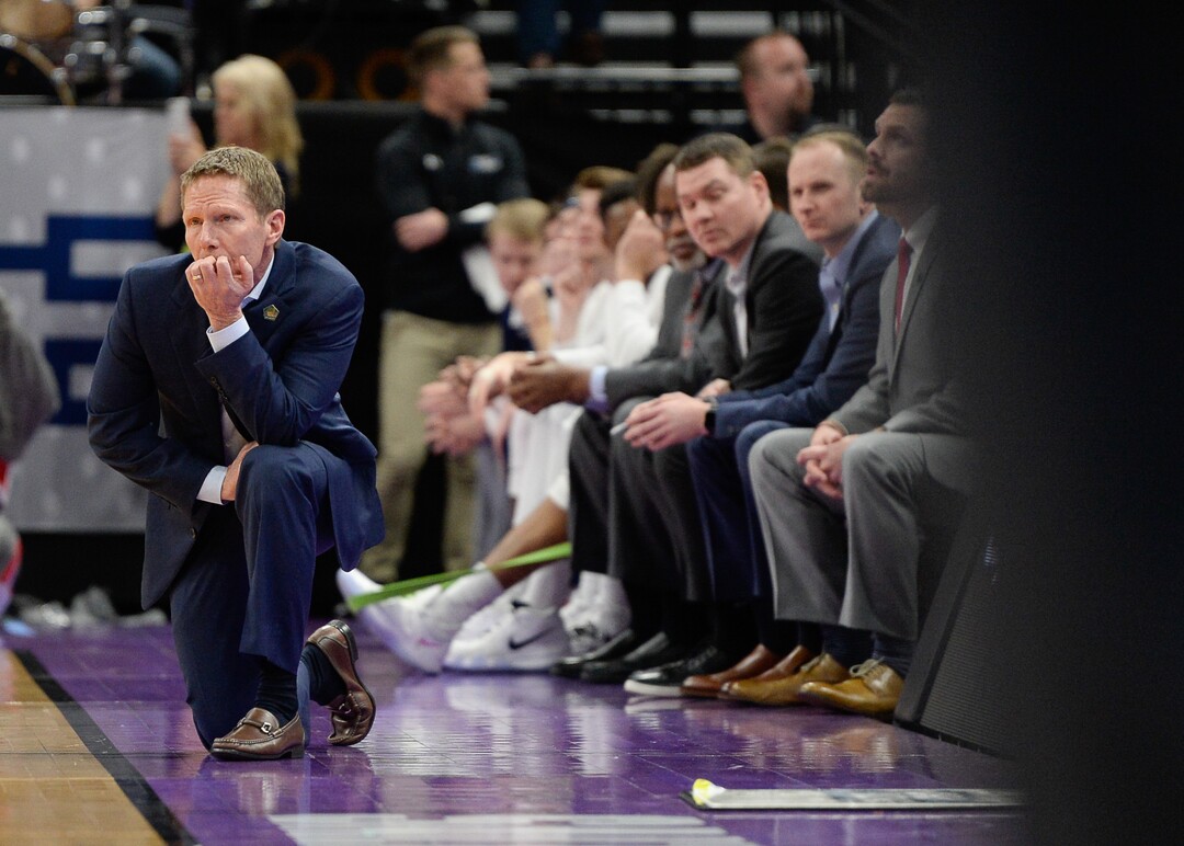 (Francisco Kjolseth  |  The Salt Lake Tribune)  Gonzaga head coach Mark Few keeps an eye on his team as Gonzaga faces Fairleigh Dickinson in their first round menÕs NCAA March Madness tournament game at Vivint Smart Home Arena in Salt Lake City on Thursday, March 21, 2019.