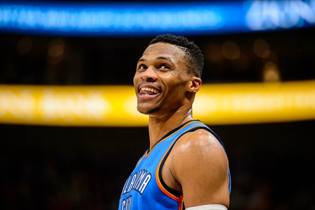 (Trent Nelson | The Salt Lake Tribune)  Oklahoma City Thunder guard Russell Westbrook (0) as the Utah Jazz host the Oklahoma City Thunder, NBA basketball in Salt Lake City, Saturday December 23, 2017.