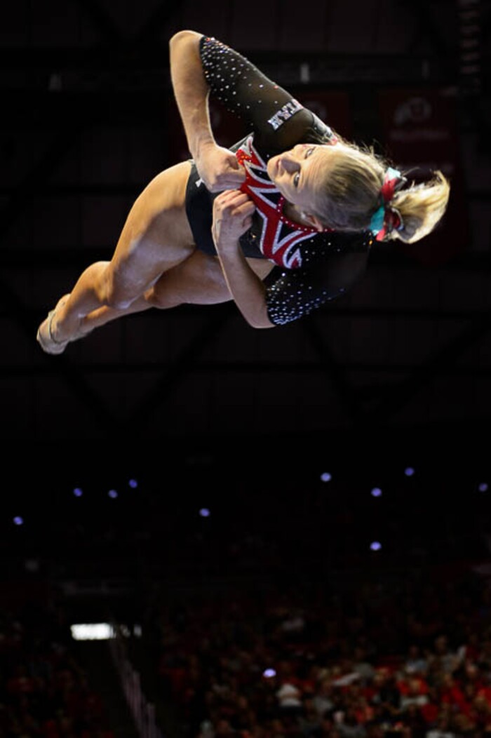 (Trent Nelson | The Salt Lake Tribune)  MaKenna Merrell-Giles on beam as Utah hosts Washington, NCAA gymnastics in Salt Lake City, Saturday February 3, 2018.