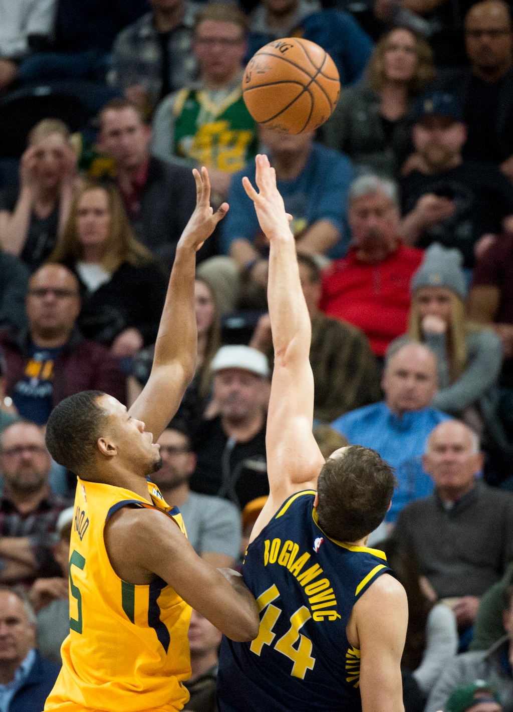 (Rick Egan  |  The Salt Lake Tribune)   Utah Jazz guard Rodney Hood (5) shoots overIndiana Pacers forward Bojan Bogdanovic (44), in NBA action Utah Jazz vs Indiana Pacers, in Salt Lake City, Monday, January 15, 2018.