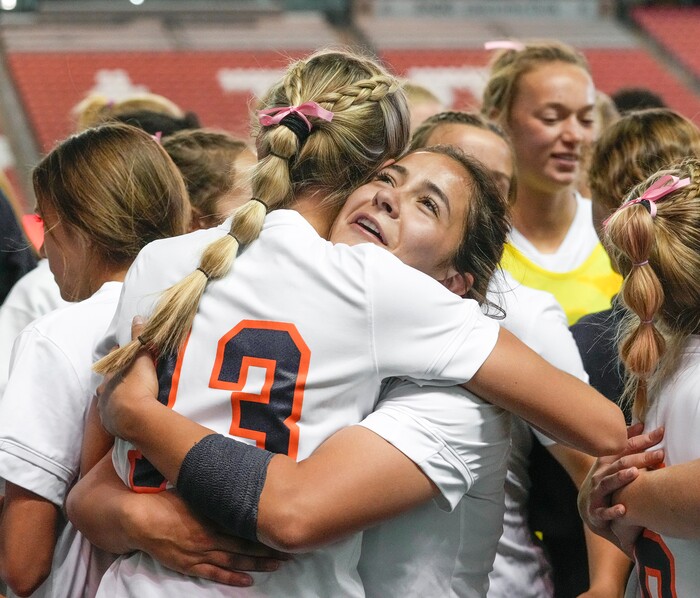 (Leah Hogsten | The Salt Lake Tribune) Mountain Crest's Rhauli Barrera celebrates the win with teammate Summer Sofonia (13) during the 4A State Soccer Championship game between Mountain Crest High School and Crimson Cliffs High School, Oct. 22, 2021 at Rio Tinto Stadium. Mountain Crest defeated Crimson Cliffs 1-0 in double overtime.