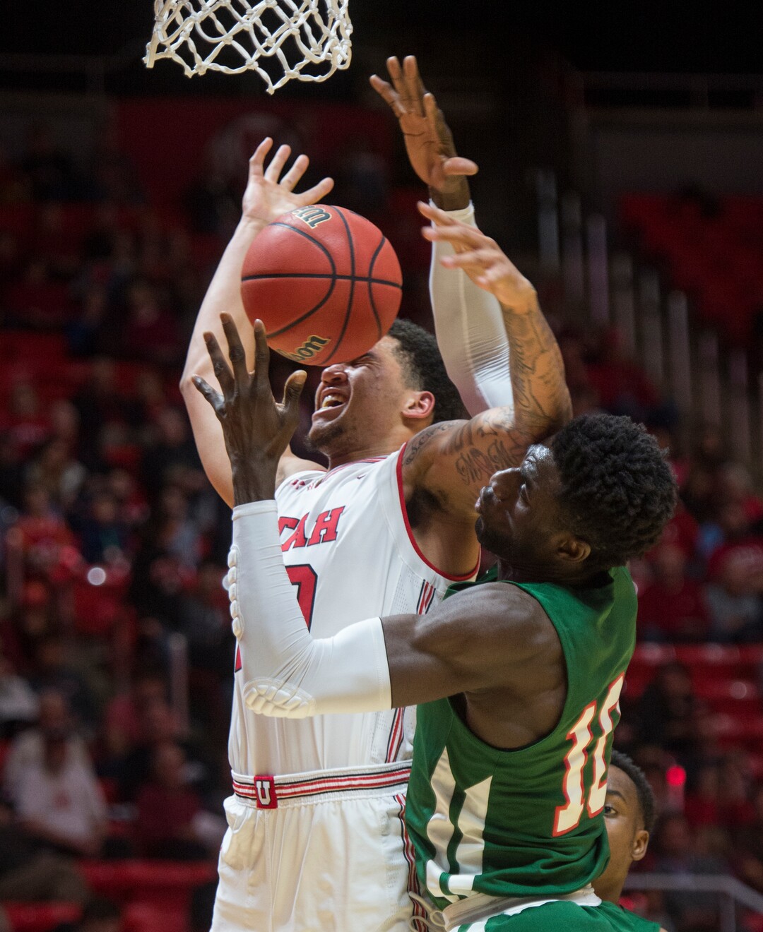 (Rick Egan  |  The Salt Lake Tribune)    Mississippi Valley State Delta Devils center Emmanuel Ejeh (10) prevents Utah Utes forward Timmy Allen (20) from scoring, in basketball action between Utah Utes and Mississippi Valley State Delta Devils at the Jon M. Huntsman Center, Thursday, Nov. 15, 2018.