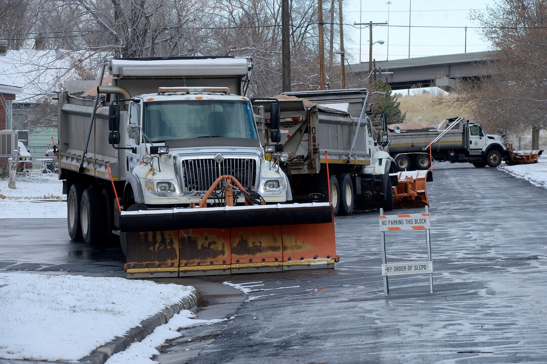 (Al Hartmann  |  The Salt Lake Tribune) 	Snowplows block sidestreets near 700 S. and 800 W. near LDS Welfare Square preparing for President Trump's motorcade Monday Dec. 4.  He is to visit Welfare Square with leaders of LDS Church before heading to the Utah Capitol where he is expected to shrink Bear's Ears and Grandstaircase National Monuments. 