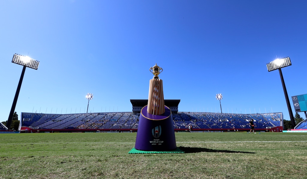 (Eugene Hoshiko | AP) The Webb Ellis Cup on display ahead of a 2019 Rugby World Cup game between Argentina and the United States in Kumagaya City, Japan, Wednesday, Oct. 9, 2019.