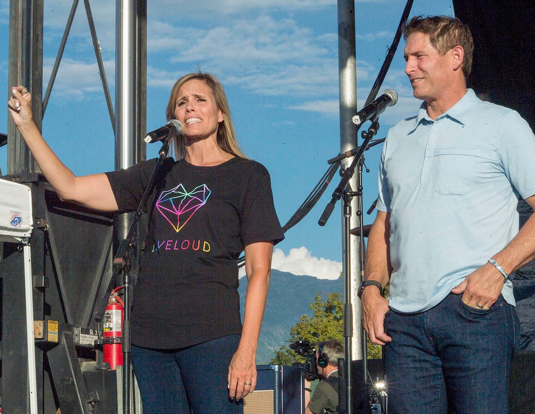 (Rick Egan  |  The Salt Lake Tribune)Barb and Steve Young speak to the crowd at the LoveLoud Festival at Brent Brown Ballpark at UVU campus, Saturday, August 26, 2017.