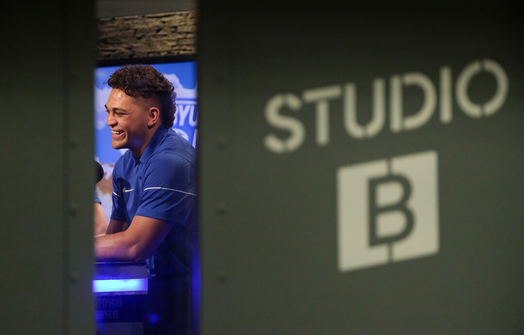 (Francisco Kjolseth  |  The Salt Lake Tribune)  Running back Lopini Katoa speaks with the hosts of BYU Sports Nation during BYU football media day at the BYU Broadcasting Building in Provo on Tuesday, June 18, 2019.