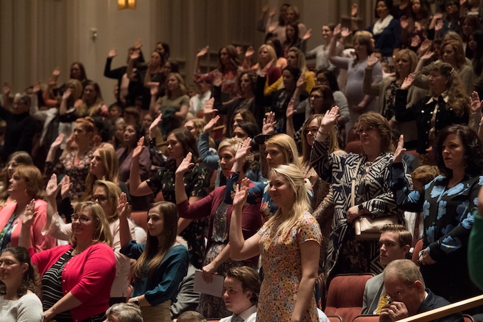 (Rick Egan  |  The Salt Lake Tribune)         LDS women stand to sustain President Russell M. Nelson and the first presidency of the church, during a  Solemn Assembly in the Saturday morning session of the 188th Annual General Conference in Salt Lake City,  Saturday, March 31, 2018.