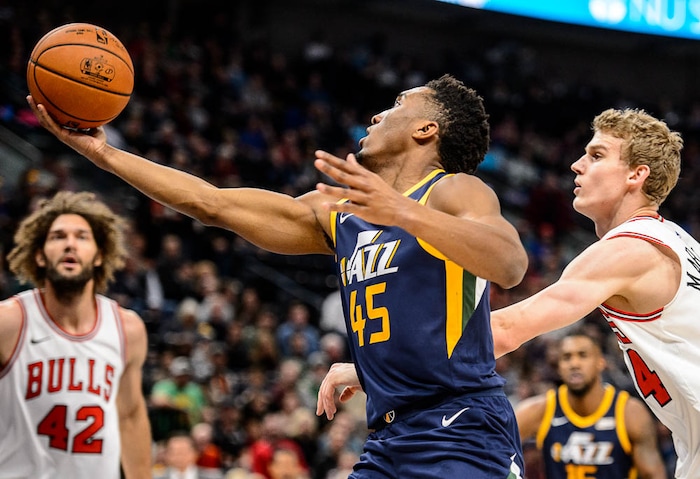 (Trent Nelson | The Salt Lake Tribune)  Utah Jazz guard Donovan Mitchell (45) shoots as the Utah Jazz host the Chicago Bulls, NBA basketball in Salt Lake City Wednesday November 22, 2017.