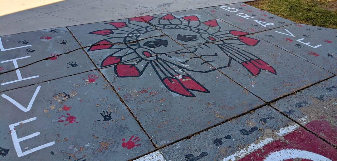 (Photo courtesy of LeMichelle Lane) Pictured are the sidewalks at Bountiful High School, which used to have the school's American Indian mascot painted on them. That was covered over recently as Davis School District considers whether to retire The Braves name.