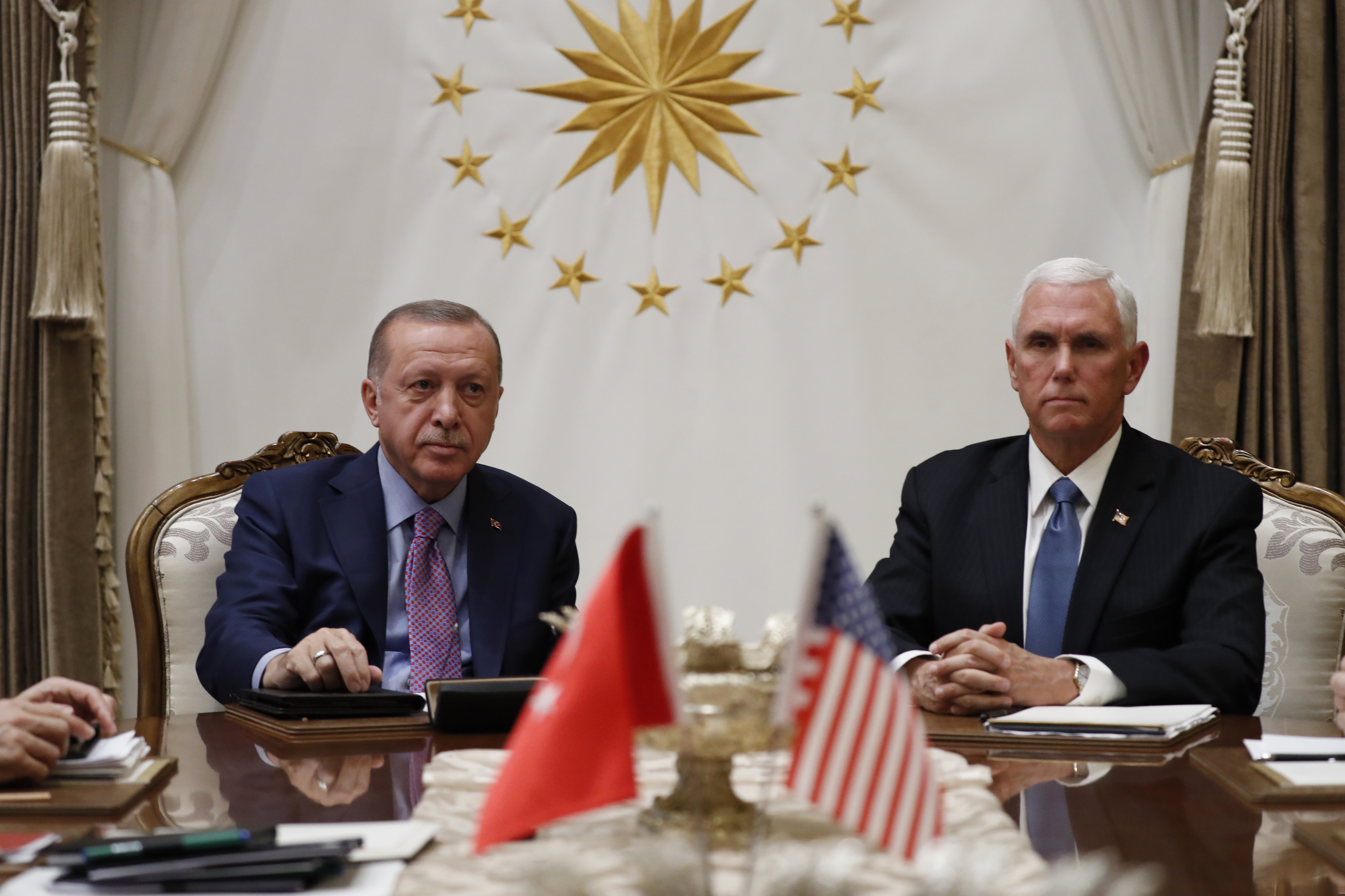 (Jacquelyn Martin | AP) Vice President Mike Pence meets with Turkish President Recep Tayyip Erdogan at the Presidential Palace for talks on the Kurds and Syria, Thursday, Oct. 17, 2019, in Ankara, Turkey.