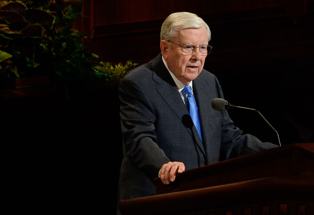(Francisco Kjolseth  |  The Salt Lake Tribune)   President M. Russell Ballard, acting president of the Quorum of the Twelve Apostles, addresses those gathered for the Sunday afternoon session of the 189th twice-annual General Conference of The Church of Jesus Christ of Latter-day Saints at the Conference Center in Salt Lake City on Sunday, Oct. 6, 2019.