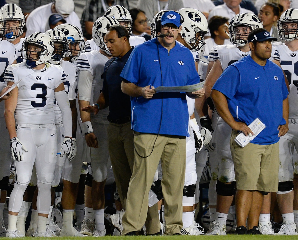 (Francisco Kjolseth  |  The Salt Lake Tribune)  BYU offensive coordinator Jeff Grimes coordinates his line during the second half of the NCAA college football game, Saturday, Sept. 8, 2018, at LaVell Edwards stadium in Provo, Utah.