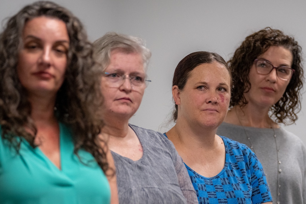 (Trent Nelson  |  The Salt Lake Tribune) Substitute teacher Stephanie Foster at a news conference at Sacred Circle Healthcare in Salt Lake City on Thursday, July 30, 2026. From left are Ronni Bateman, Brenda Oluwalana, Foster and Suzanne Harrison.