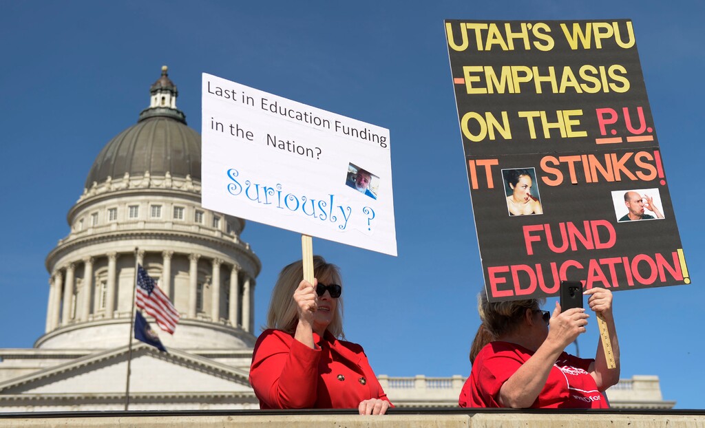 (Leah Hogsten  |  The Salt Lake Tribune) Teachers in Salt Lake City’s teacher union stage a walkout and rally at the Capitol to protest teacher pay in an effort to pressure the Utah State Legislature as it decides how much money it will allocate to the state’s education system Friday. Teachers began the rally at the Federal Building and walked up Capitol Hill to the statehouse for a rally in the rotunda, Feb. 28, 2020.