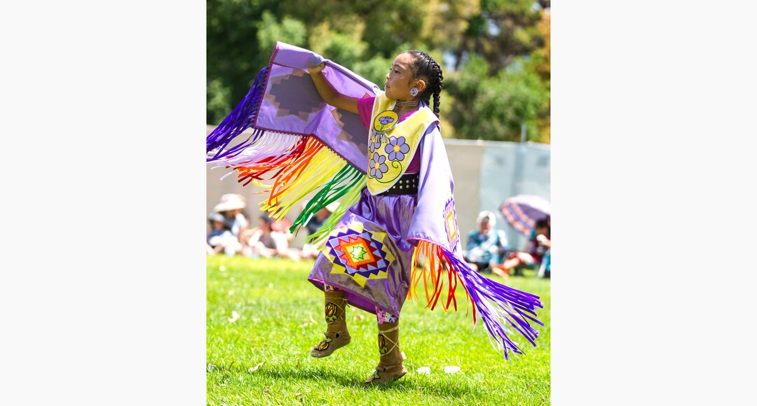 (Rick Egan | The Salt Lake Tribune)  Jorja Taveavont 8, dances at the Native American celebration and Powwow at Liberty Park, on Friday, July 23, 2021.