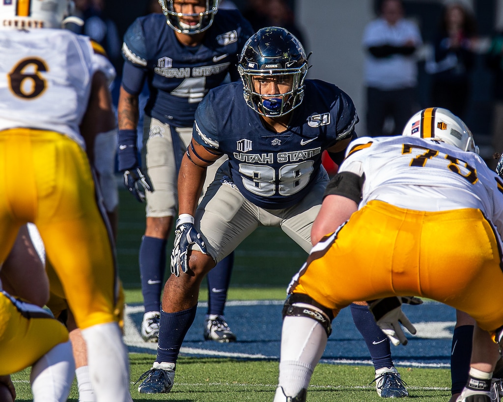 Utah State linebacker Eric Munoz gets into position during the Aggies' win over Wyoming on Nov. 16, 2019. Munoz and his Aggies teammates are getting ready for an eight-game conference season beginning Oct. 24, 2020.
Rick Parker/USU Athletic Media Relations