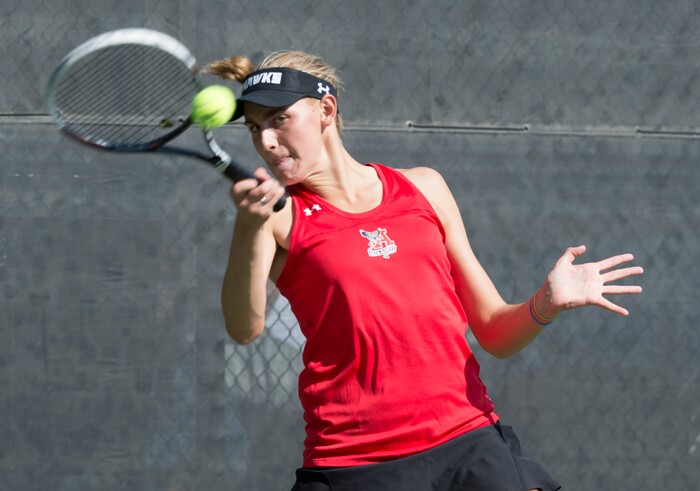 (Rick Egan  |  The Salt Lake Tribune)   Emily Astle, Alta, plays Emma Jewell, Olympus, 	in the 5A State High School tennis championship game. Friday, October 6, 2017.