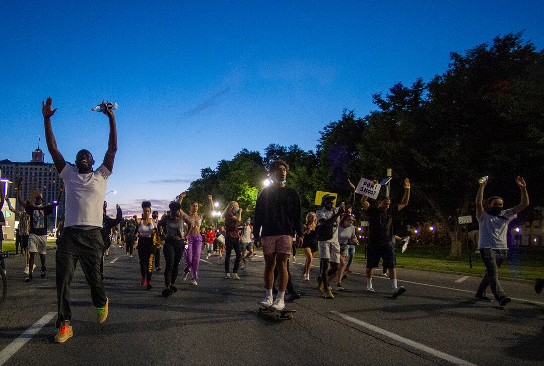 (Rick Egan  |  The Salt Lake Tribune) Demonstrators march up 500 South late in the evening after a peaceful protest on Wednesday, June 3, 2020.