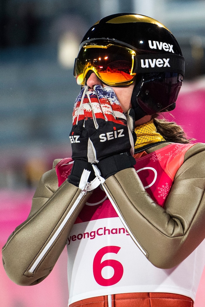 (Chris Detrick  |  The Salt Lake Tribune)  USA's Abby Ringquist reacts after competing in the Ladies' Normal Hill Individual at the Alpensia Ski Jumping during the Pyeongchang 2018 Winter Olympics Monday, February 12, 2018.  Ringquist finished in 29th place with a total of 144.4.