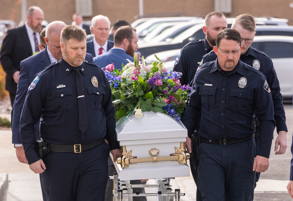 (Rick Egan | The Salt Lake Tribune) Pallbearers carry one of the seven caskets after funeral services for the Earl-Haight family in La Verkin, Friday, Jan. 13, 2023.