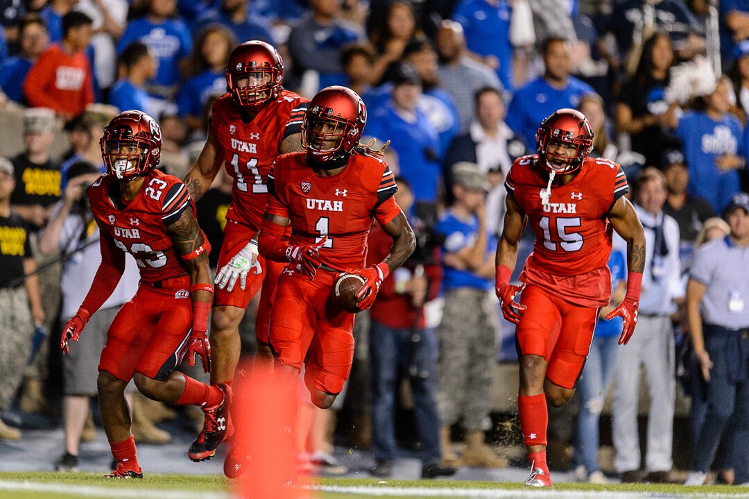 (Trent Nelson | The Salt Lake Tribune)  Utah Utes defensive back Boobie Hobbs (1) celebrates an interception as BYU hosts Utah, NCAA football in Provo, Saturday September 9, 2017.