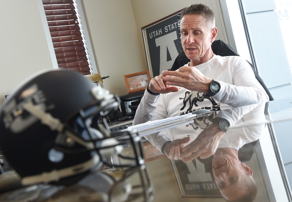 (Francisco Kjolseth  |  The Salt Lake Tribune)  USU coach Gary Andersen goes in-depth on life back in Logan inside his office in the Jim & Carol Laub Athletics-Academic Complex.