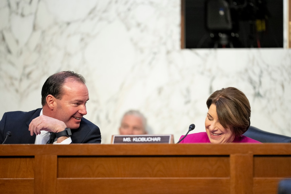 (Andrew Harnik | AP) Sen. Mike Lee, R-Utah, left, speaks with Sen. Amy Klobuchar, D-Minn., right, as during a Senate Judiciary Committee hearing to examine promoting competition and protecting consumers in live entertainment on Capitol Hill in Washington, Tuesday, Jan. 24, 2023.