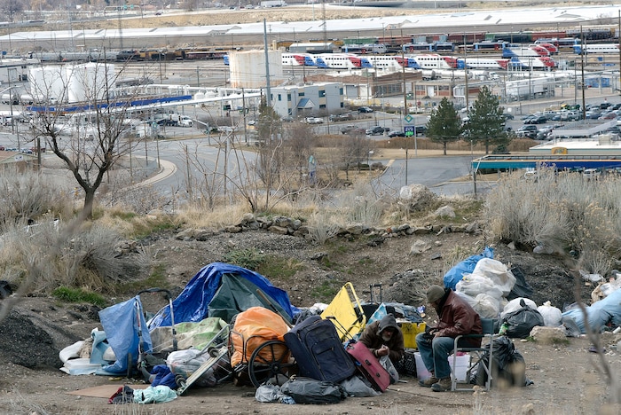 (Al Hartmann  |  The Salt Lake Tribune) 	
One of several homeless camps perched on the mountainside above Victory Road  north of the state Capitol building. Disposal of garbage is an ongoing problem in the area.