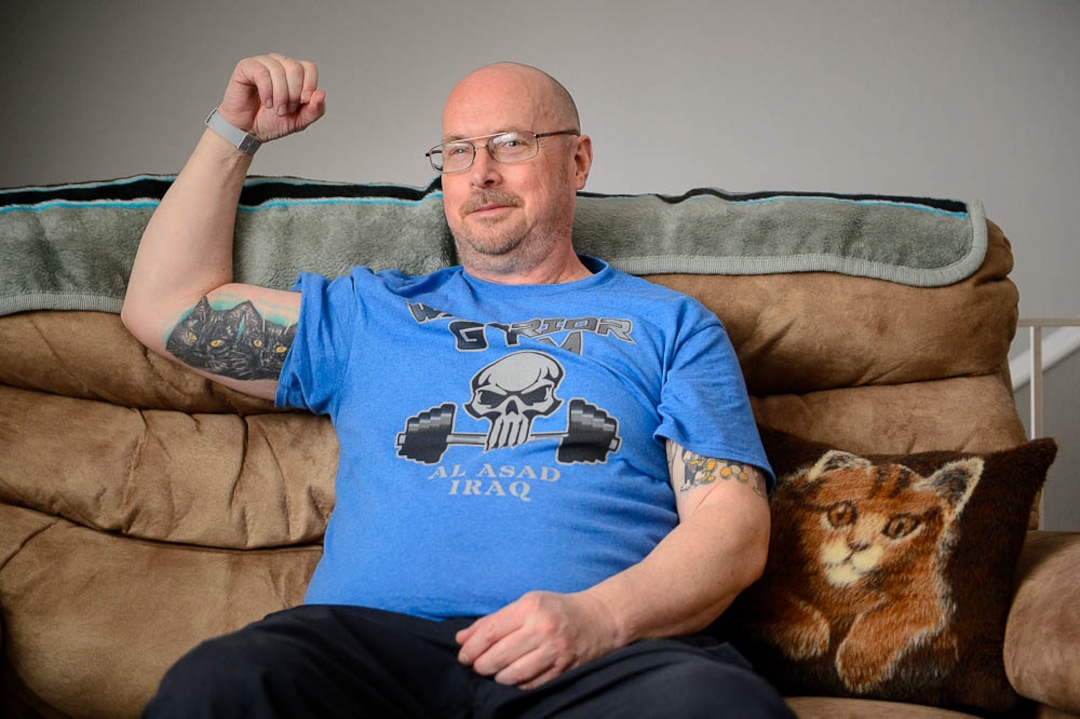 (Trent Nelson | The Salt Lake Tribune)  Jim Vesock displays a tattoo of his pet cats, Raidan and Raidat, in West Valley City on Wednesday March 13, 2019.