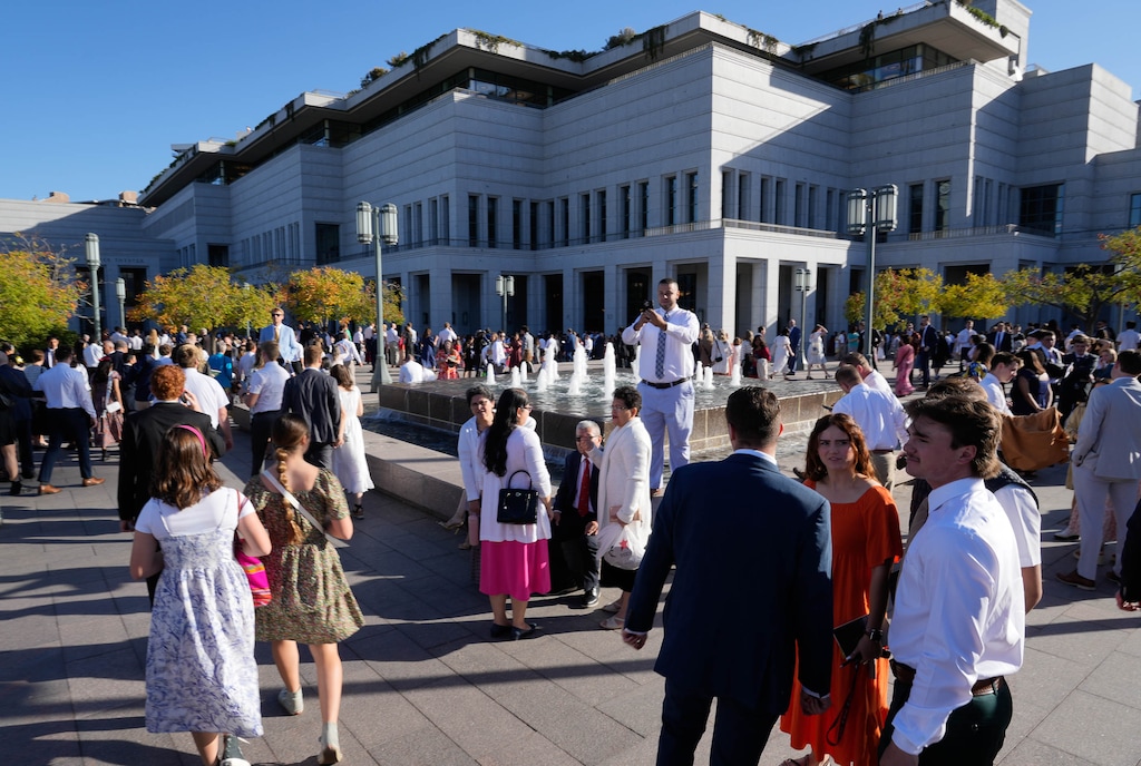 (Francisco Kjolseth  | The Salt Lake Tribune) Attendees arrive for General Conference in October 2024. A new study examines the religious devotion and political allegiances of Latter-day Saints.