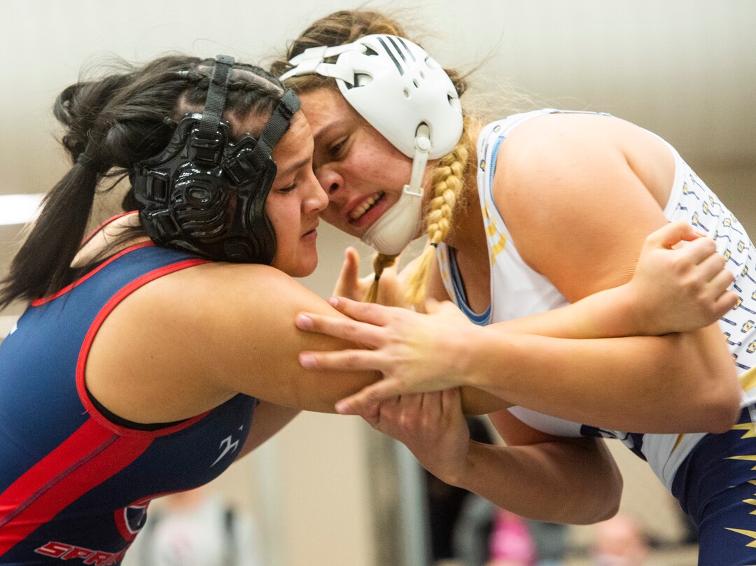 (Rick Egan | The Salt Lake Tribune)  Lizzie Shunn (Westlake) wrestles Hotaia Valeti (Springville) in the girls 140 division, at the High School All Star wrestling event in Orem, on Tuesday, Jan. 12, 2021.