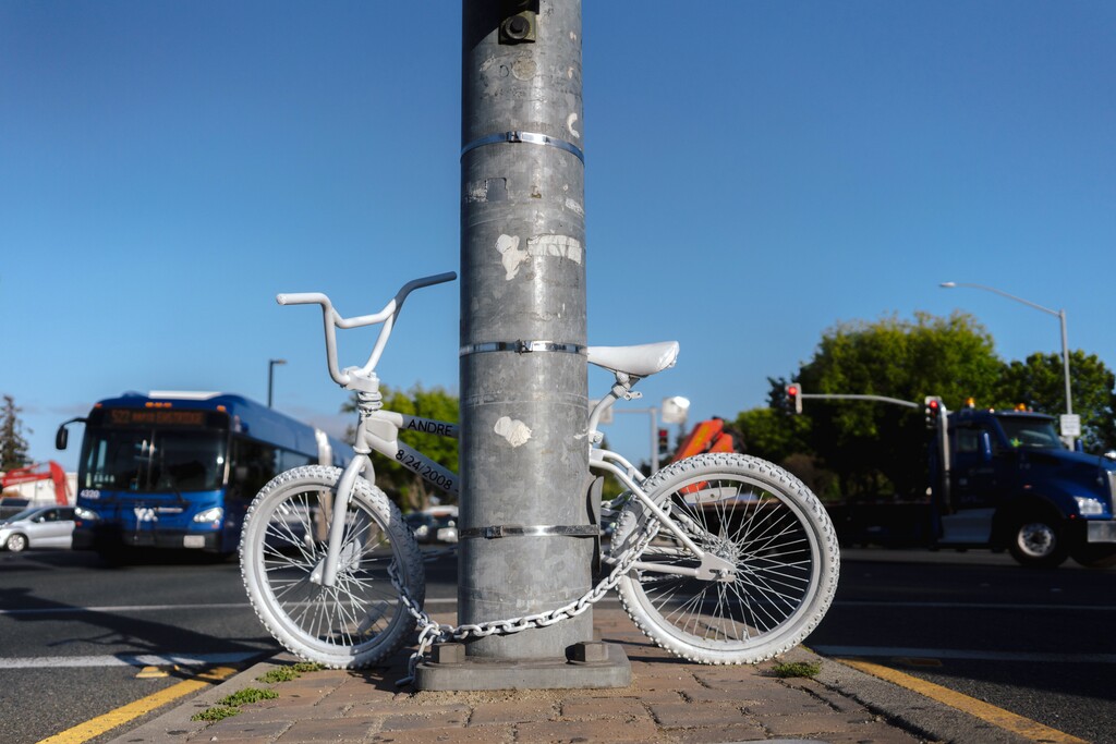 (Mark Davis | The New York Times)

The intersection of El Camino Real and Grant Road in Mountain View, Calif., on April 20, 2022, where Andre Retana, 13, was killed while riding his bike to school. Bicyclists and pedestrians are dying at alarming rates.