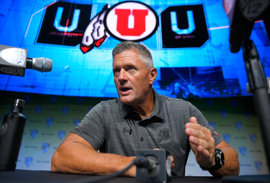 Utah head coach Kyle Whittingham speaks at the Pac-12 NCAA college football media day, Thursday, July 27, 2017, in the Hollywood section of Los Angeles. (AP Photo/Mark J. Terrill)