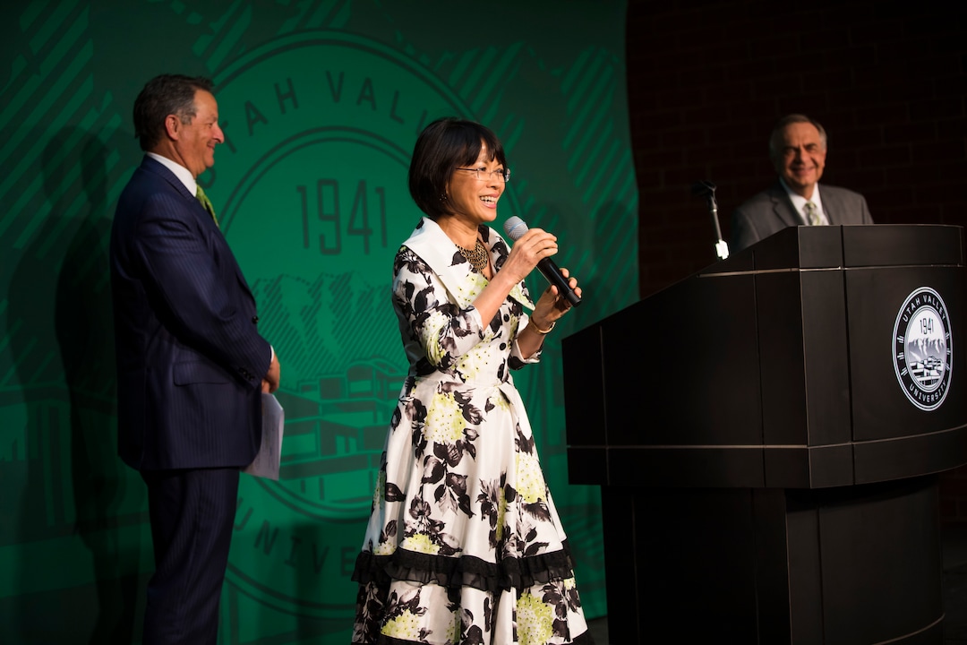 (August Miller  |  Utah Valley University)  Astrid Tuminez speaks to the audience after she was announced as the first women president of Utah Valley University at a press conference on the campus of Utah Valley University Friday April 20, 2018.