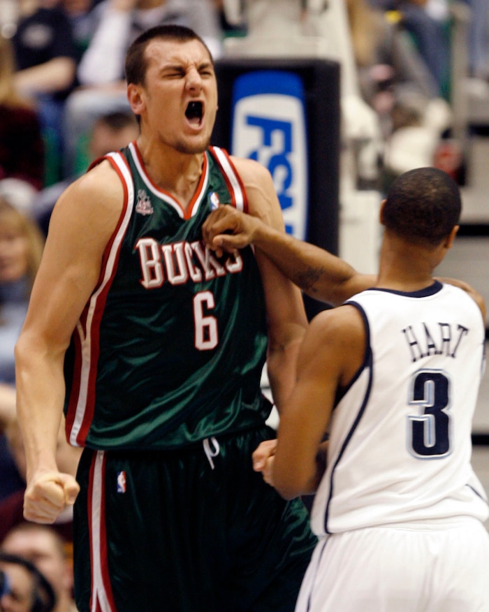 Andrew Bogut celebrates after a slam dunk in the 4th quarter for the Bucks, in NBA action Jazz vs. Milwaukee Bucks, in Salt Lake Monday night.  Rick Egan/The Salt Lake Tribune   1/14/2008