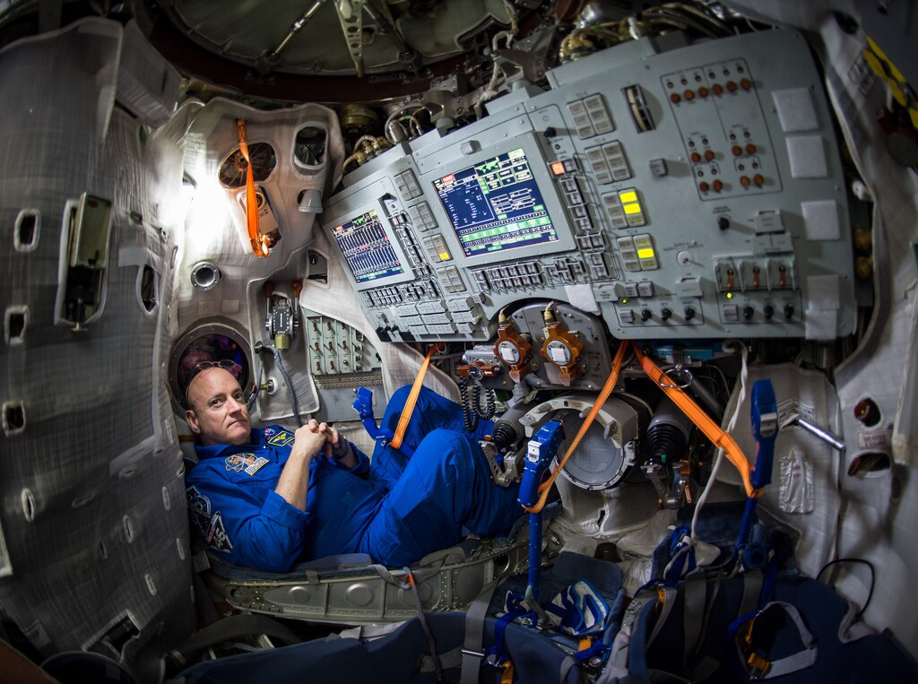 (Bill Ingalls | NASA) Scott Kelly inside a Soyuz simulator at the Gagarin Cosmonaut Training Center in Star City, Russia, in preparation for travel to the International Space Station.