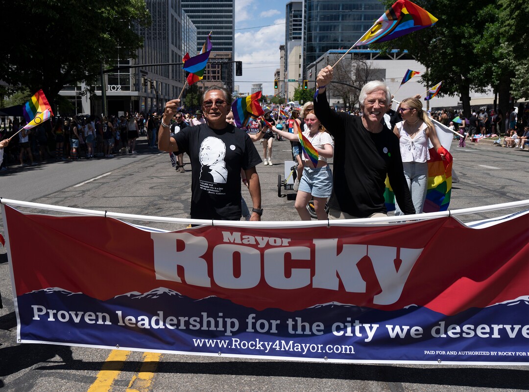 (Rick Egan | The Salt Lake Tribune)  Rocky Anderson, in the Pride Parade, on Sunday, June 4, 2023.